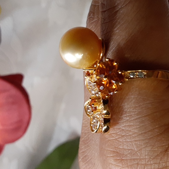 925  Golden South Sea Pearl, Madeira Citrine, White Zircons Ring. 10.5mm FIRM. - Picture 9 of 17